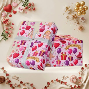 Papel De Presente Padrão de Balão de Aniversário Rosa Caprichoso Cup