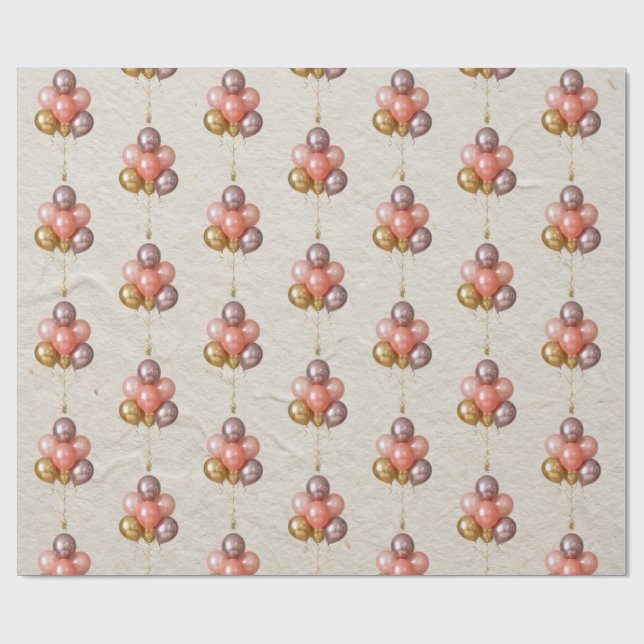 Papel De Presente Padrão de Balão Rosa Coral Dourado (Aberto)