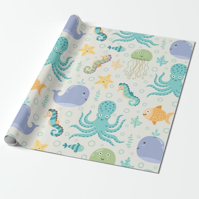 Papel De Presente Padrão de Baleia Debaixo do Mar (Desenrolado)