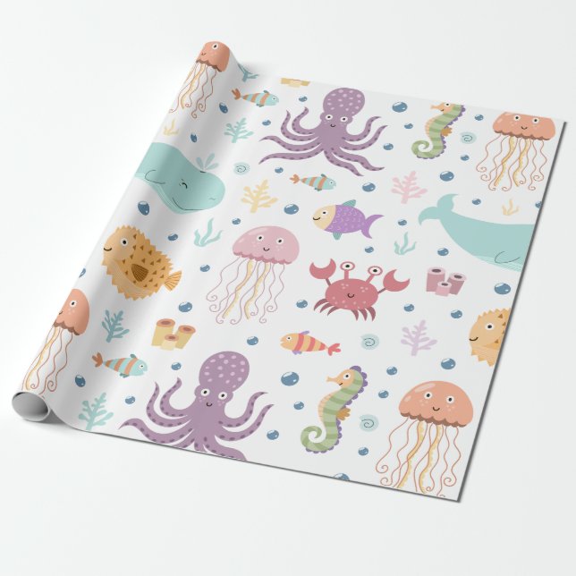 Papel De Presente Padrão de Baleia Debaixo do Mar (Desenrolado)