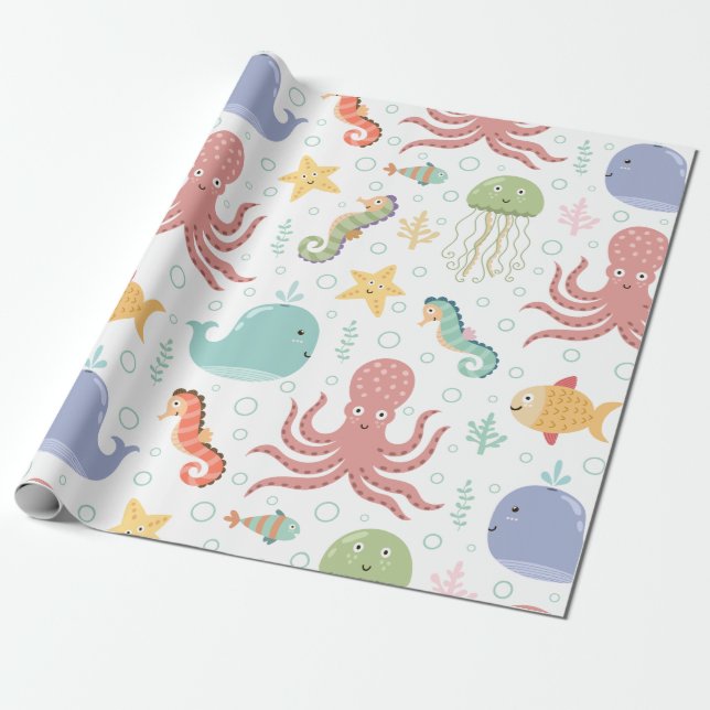 Papel De Presente Padrão de Baleia Debaixo do Mar (Desenrolado)