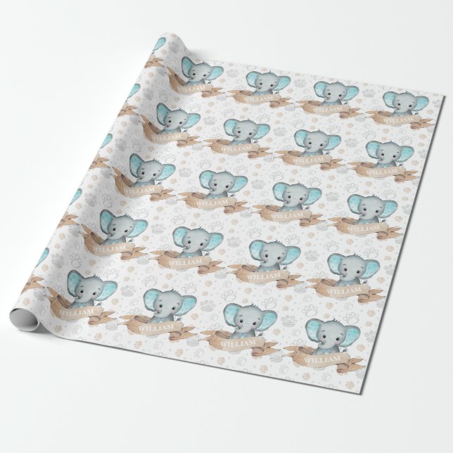 Papel De Presente Padrão de Bebê Elefante Azul Nome Personalizado (Desenrolado)