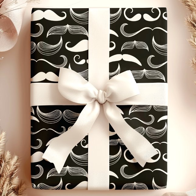 Papel De Presente Padrão de Bigode Preto e Branco Hipster da Moda (Criador carregado)
