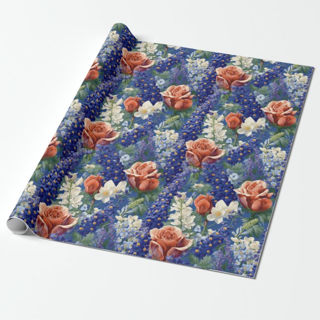 Papel De Presente Padrão de Bluebonnets e Rosas vermelhas (Desenrolado)