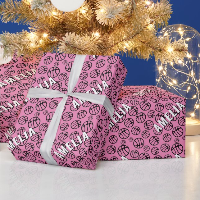 Papel De Presente Padrão de Bola de Basquete Rosa Nome (Feriados)