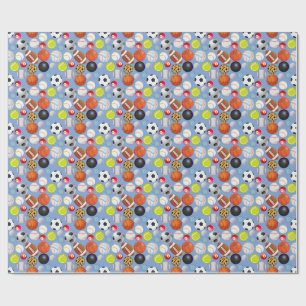 Papel De Presente Padrão de Bolas Esportivas 2.Fundo azul claro