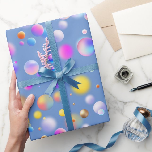 Papel De Presente Padrão de Bolas Flutuantes 3D. LBlue BG (Presentear)