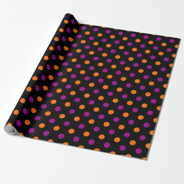 Papel De Presente Padrão de bolinhas laranja e roxo em fundo preto (Desenrolado)