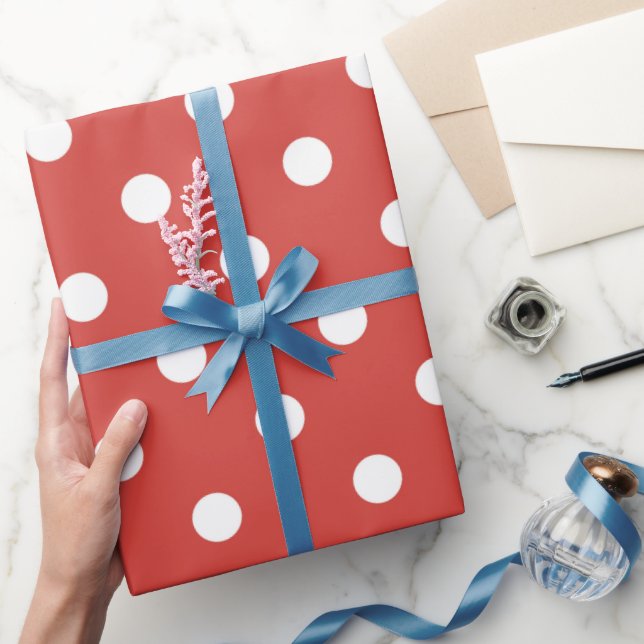 Papel De Presente Padrão de Bolinhas Vermelhas e Brancas (Presentear)