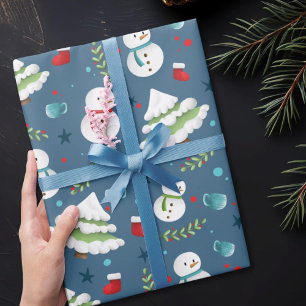 Papel De Presente Padrão de boneco de neve azul fofo de Natal