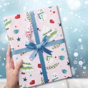 Papel De Presente Padrão de boneco de neve de Natal rosa fofo