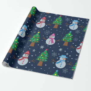 Papel De Presente Padrão de boneco de neve fofo com árvores de Natal