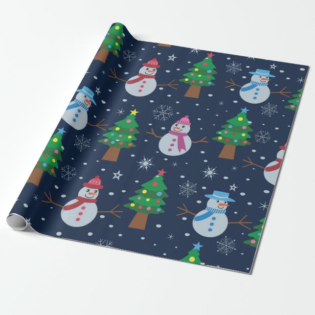 Papel De Presente Padrão de boneco de neve fofo com árvores de Natal (Desenrolado)