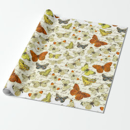 Papel De Presente Padrão de Borboleta Amarela Bege Vintage em Letra 