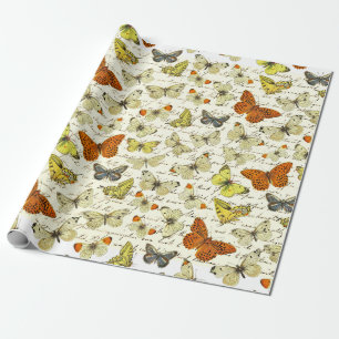Papel De Presente Padrão de Borboleta Amarela Bege Vintage em Letra 