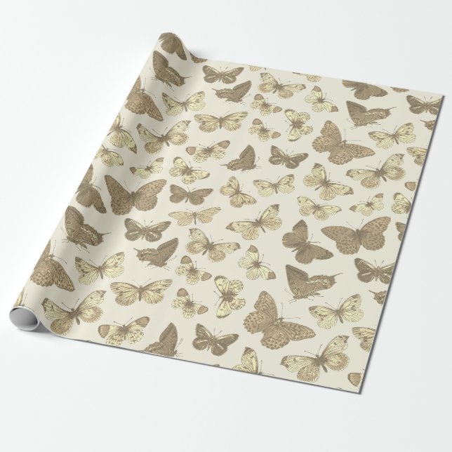 Papel De Presente Padrão de Borboleta Bege Dourado Fofo Feminino (Desenrolado)