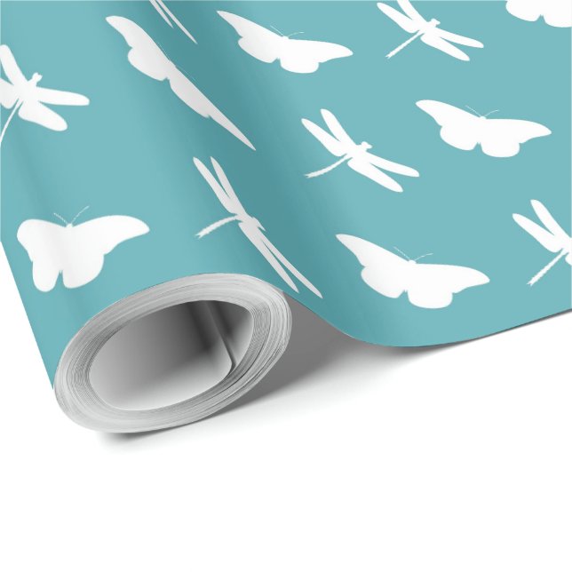 Papel De Presente Padrão de Borboleta e Libélula Azul-Verde e Branco (Ponta do rolo)