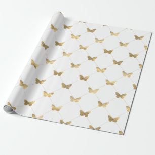 Papel De Presente Padrão de Borboleta em Treliça de Ouro de Folha Fa