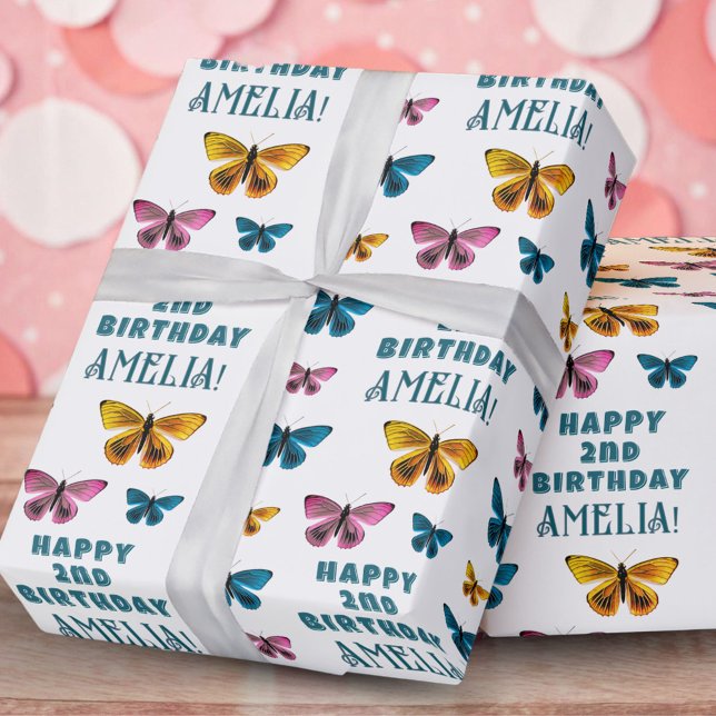 Papel De Presente Padrão de Borboleta Fofa Menina Feliz Aniversário (Criador carregado)
