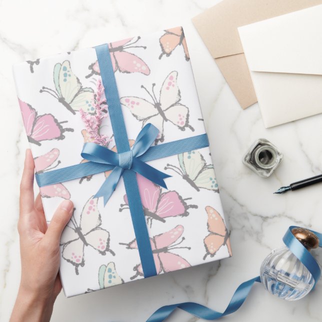 Papel De Presente Padrão de borboleta rosa-branca (Presentear)