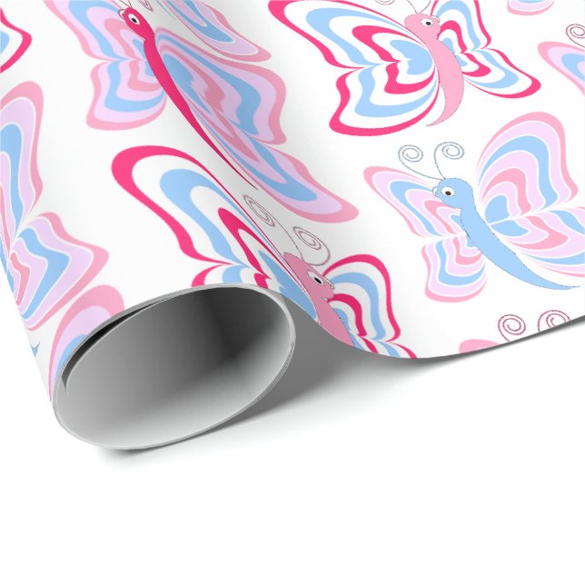 Papel De Presente Padrão de Borboleta Rosa e Azul Feminino (Ponta do rolo)