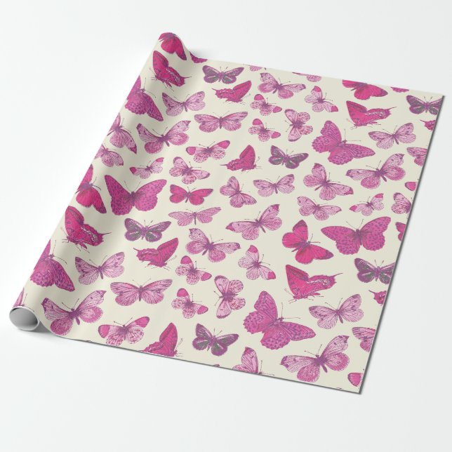 Papel De Presente Padrão de Borboleta Rosa Fofo Feminino (Desenrolado)