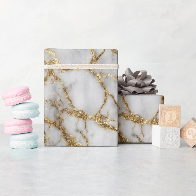 Papel De Presente Padrão de Brilho Branco com Veio de Ouro em Mármor (Chá de bebê)