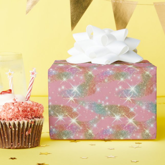 Papel De Presente Padrão de Brilho Falso Arco-íris Rosa (Festa de aniversário)