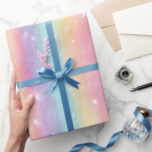 Papel De Presente Padrão de Brilho Holográfico Arco-Íris em Pastéis  (Presentear)