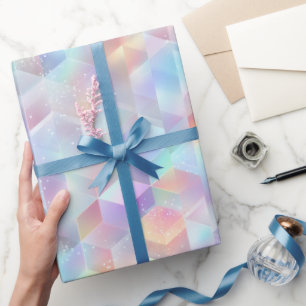 Papel De Presente Padrão de Brilho Holográfico Arco-Íris em Pastel S