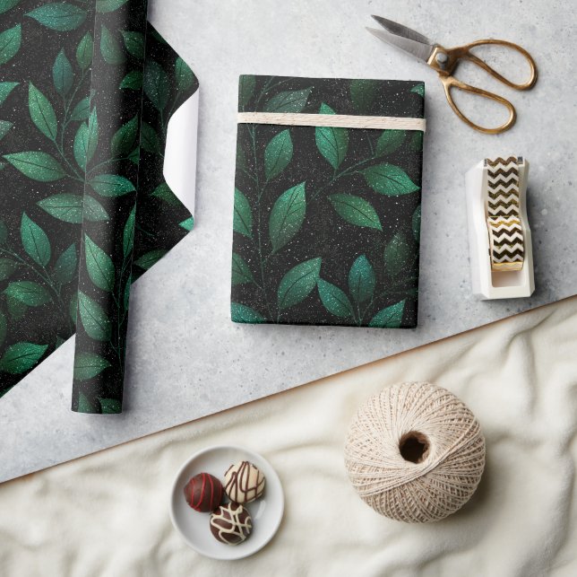 Papel De Presente Padrão de Brilho Preto Denso Verde Floresta Profun (Artesanato)