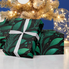 Papel De Presente Padrão de Brilho Preto Denso Verde Floresta Profun