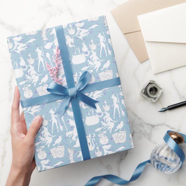 Papel De Presente Padrão de bruxas voadoras.L Azul branco BG (Presentear)