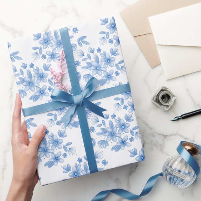 Papel De Presente Padrão de Buquê de Aquarela Azul (Presentear)