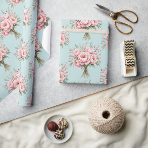 Papel De Presente Padrão de Buquê de Flores de Peônia Rosa Bonita