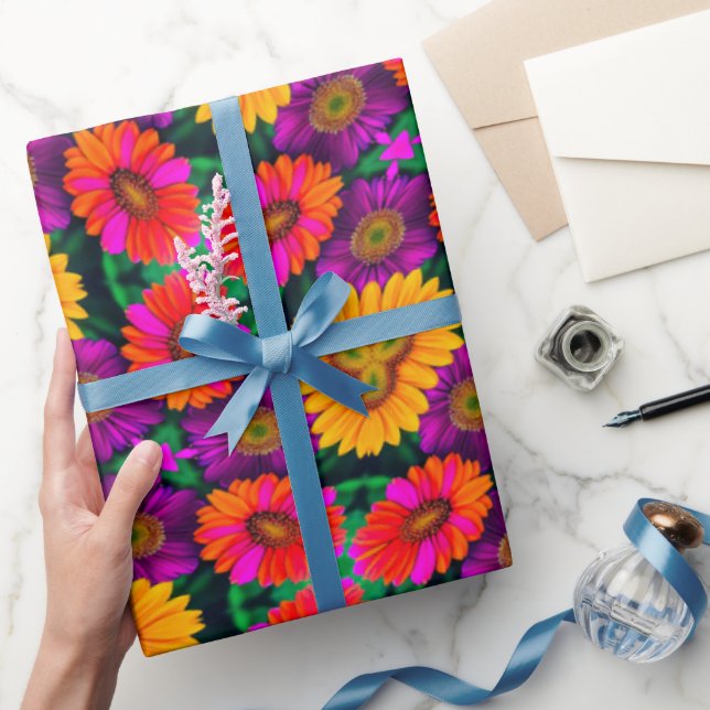 Papel De Presente Padrão de Buquê de margarida colorida (Presentear)