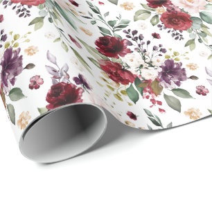 Papel De Presente Padrão de Buquê Floral Vinho Borgonha
