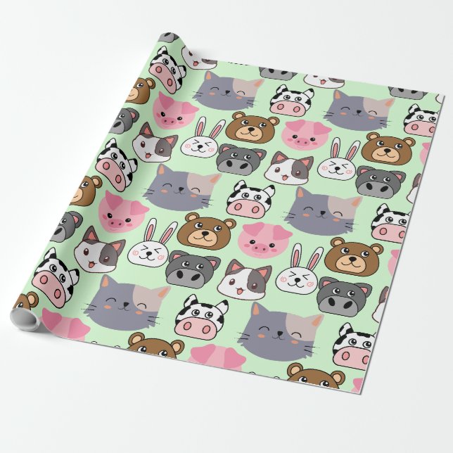 Papel De Presente padrão de cabeças de desenho animado.w Lgreen BG (Desenrolado)