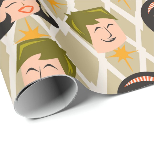 Papel De Presente Padrão de Cabeças Felizes Atômicas Retrô dos Anos  (Ponta do rolo)