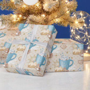 Papel De Presente Padrão de Cacau Azul e Casa de Pão de Gengibre em