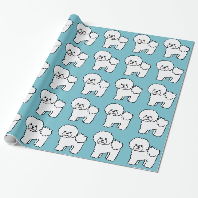 Papel De Presente Padrão de Cachorro Bichon Frise em Azul (Desenrolado)
