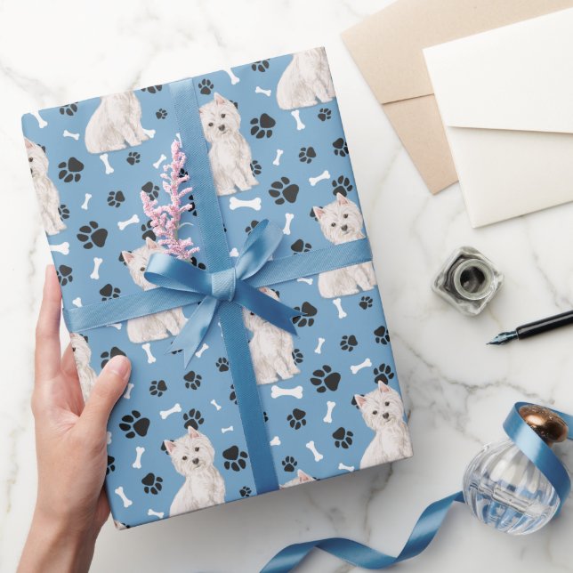 Papel De Presente Padrão de Cachorro Branco no Azul (Presentear)