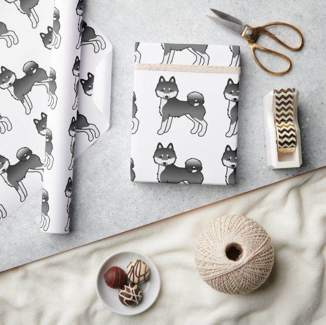 Papel De Presente Padrão De Cachorro Cachorro Klee Kai, Branco E Pre (Artesanato)