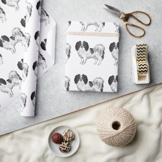 Papel De Presente Padrão de cachorro da raça toy Phalène preto e bra (Artesanato)