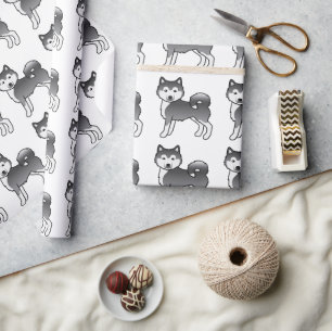 Papel De Presente Padrão de Cachorro de Cartoon Malamute Azul no Ala