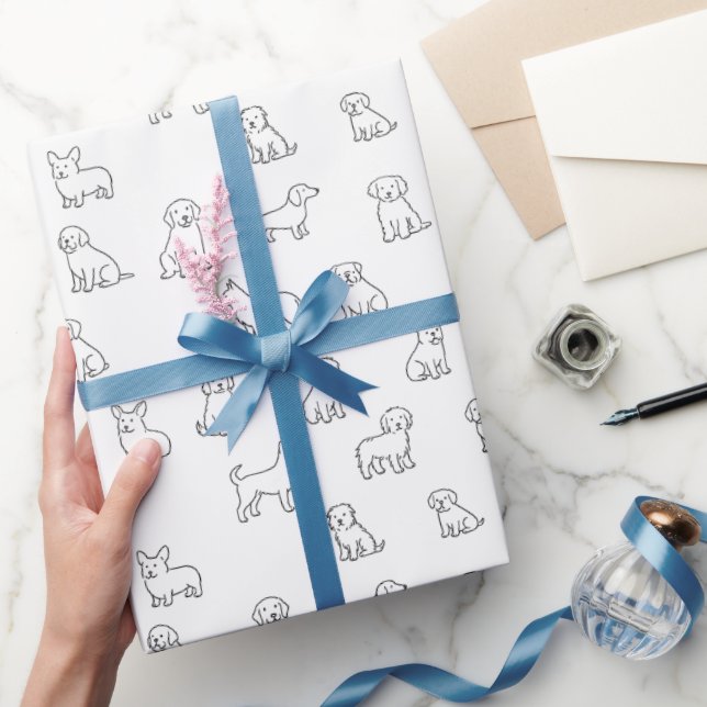 Papel De Presente Padrão de Cachorro Desenhado à Mão Preto e Branco  (Presentear)