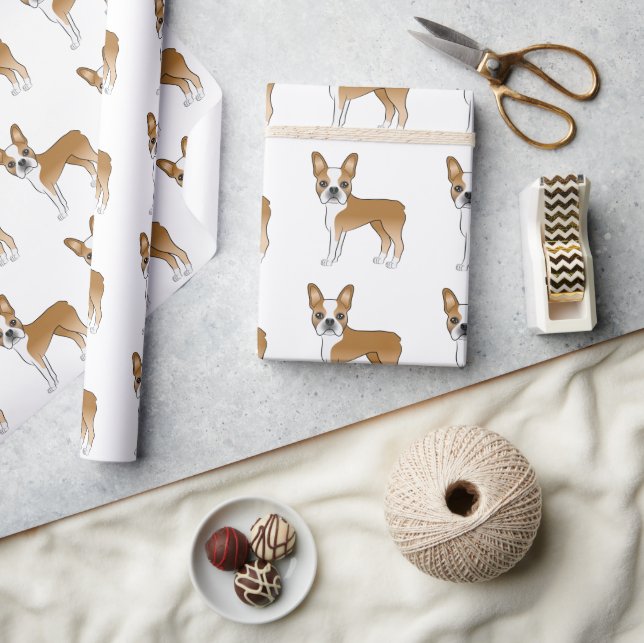 Papel De Presente Padrão de cachorro desenho animado Boston Terrier  (Artesanato)