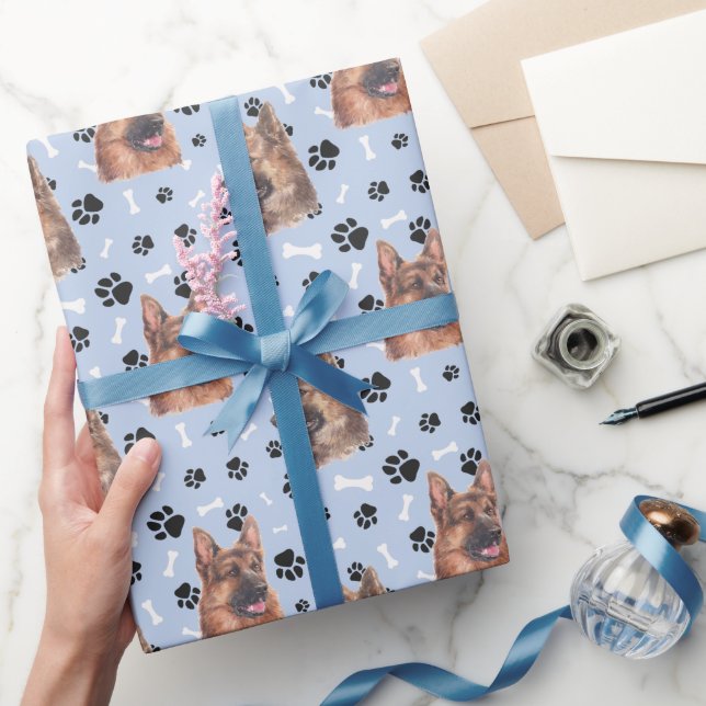 Papel De Presente Padrão de Cachorro german shepherd no Azul Pratead (Presentear)