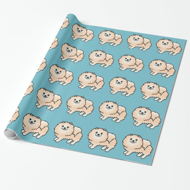 Papel De Presente Padrão de cachorro Pomerânia creme em azul (Desenrolado)