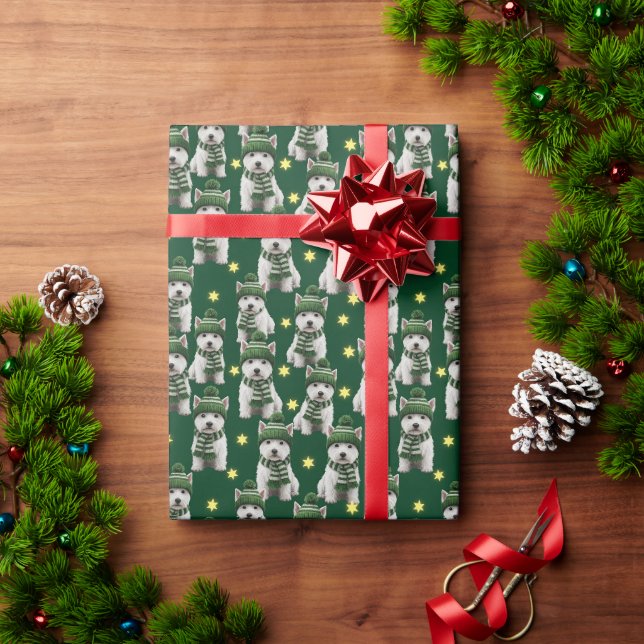 Papel De Presente Padrão de Cachorro Westie Fofo com Chapéu de Inver (Presente de Natal)